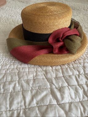 Beautiful Vintage Meril Straw Boater Hat with Olive and Rose  Bow